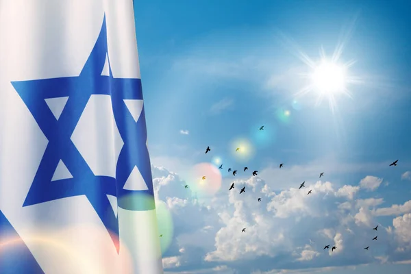 空を飛ぶ鳥と曇りの空の背景にデビッドの星とイスラエルのフラグ 国家のシンボルを持つイスラエルについての愛国的な概念 テキストのための場所とバナー — ストック写真