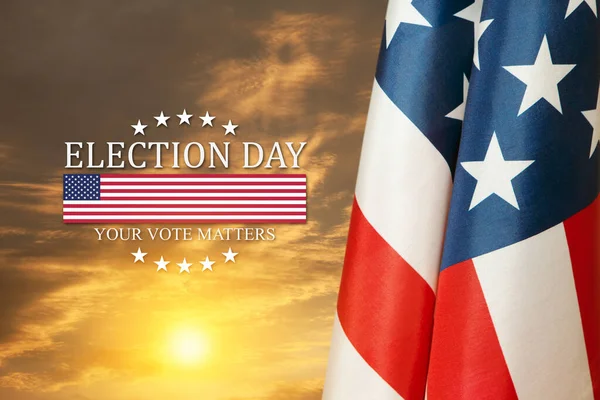 Text Election Day Your Vote Matters with USA Flag on background of sunset. I voted. Voting in America.