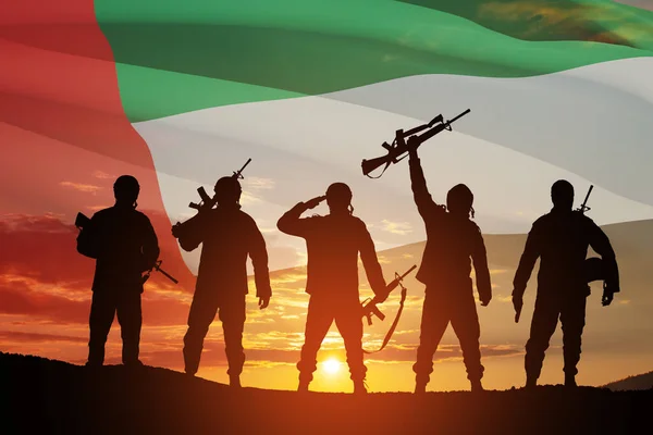Silhouettes Soldiers Background Uae Flag Sunset Sunrise Concept National Holidays — Foto Stock