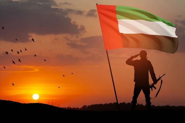 Silhouette Soldato Che Saluta Con Bandiera Degli Emirati Arabi Uniti — Foto Stock