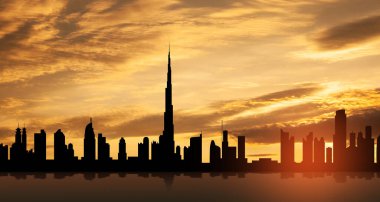 Birleşik Arap Emirlikleri, gün batımında Dubai silueti manzarası. BAE kutlaması. Ulusal Gün, Bayrak Günü, Anma Günü, Şehitler Günü.