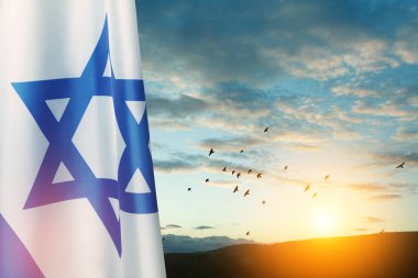Israel flag with a star of David over cloudy sky background with flying birds on sunset. Patriotic concept about Israel with national state symbols. Banner with place for text. clipart