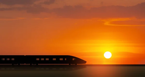 Силуэт Высокоскоростного Поезда Движется Закате Быстро Движущийся Современный Пассажирский Поезд — стоковое фото