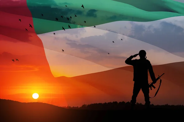 Silhouette Soldier Saluting Background Uae Flag Sunset Sunrise Concept National — Photo