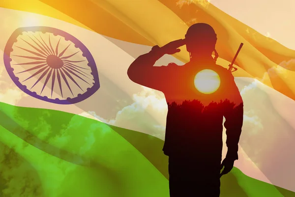 Double Exposure Silhouette Solider Sunset Sunrise India Flag Greeting Card — Stock Photo, Image