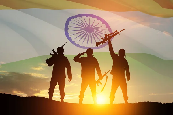 Silhouettes Soldiers Background India Flag Sunset Sunrise Greeting Card Independence — Stock Photo, Image