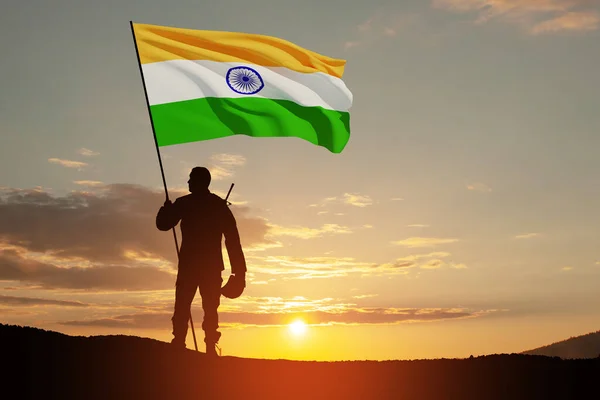 Silhouette Soldier India Flag Background Sunset Sunrise Greeting Card Independence — 스톡 사진
