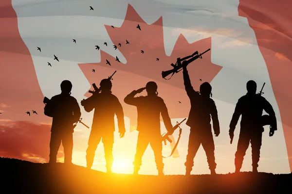 Soldados Exército Canadá Fundo Pôr Sol Nascer Sol Bandeira Canadá — Fotografia de Stock