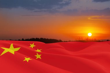 Close up waving flag of China on background of sunset sky. Flag symbols of China. National day of the people's republic of China. 1st october. 3d rendering.