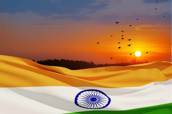 Ondeando Bandera India Cielo Del Atardecer Con Aves Voladoras Antecedentes —  Fotos de Stock