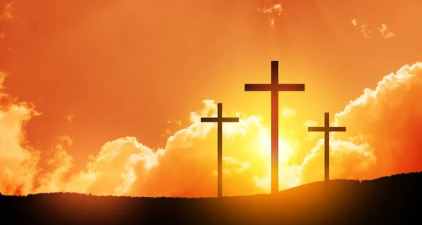 Christian Cross Hill Outdoors Sunrise Resurrection Jesus Concept Photo — Stockfoto