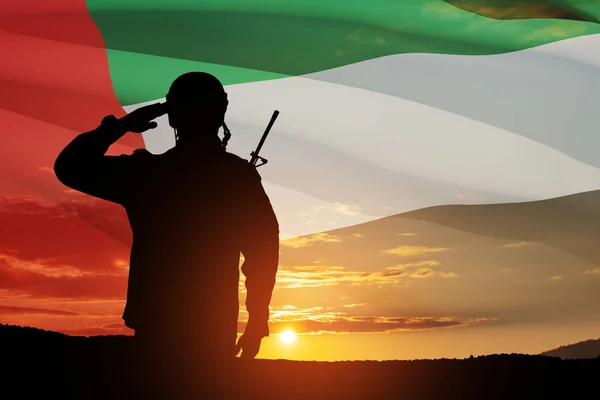 Silhouette Soldier Saluting Background Uae Flag Sunset Sunrise Closeup Concept — Photo