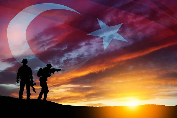 Silhouettes Soldiers Background Turkey Flag Sunset Sunrise Concept Crisis War — стоковое фото