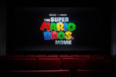 Sinemadaki Süper Mario Kardeşler Filmi. Sinemada film izliyordum. Astana, Kazakistan - 23 Mart 2023.