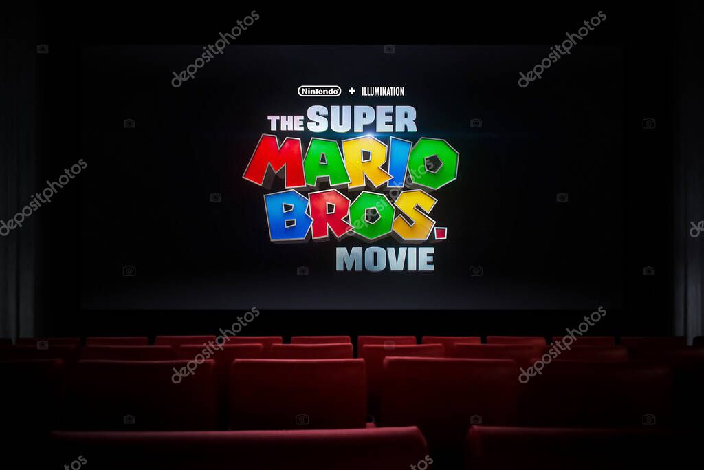 The Super Mario Bros. Movie in the cinema. Watching a movie in the cinema. Astana, Kazakhstan - March 23, 2023.