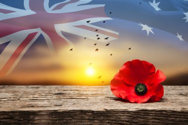 Anzak Günü için haşhaş iğnesi. Haşhaş çiçeği eski güzel tahıl, arka planda ayrıntılı ahşap günbatımı gökyüzü ve şeffaf Avustralya bayrağı. Anzak Günü Unutmayalım diye.