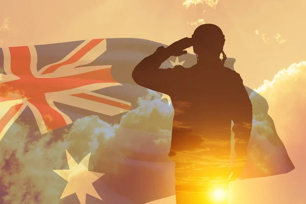 Dupla Expozíció Silhouette Solider Naplemente Vagy Napfelkelte Ellen Ausztrália Zászlaja — Stock Fotó