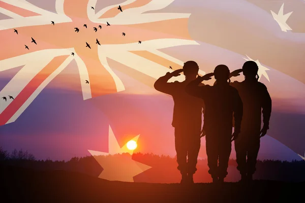 Siluetas Soldados Saludando Fondo Bandera Australia Puesta Del Sol Fondo — Foto de Stock