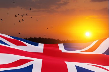 National flags of United Kingdom with flying birds on sunset sky background. Background with place for your text. 3d rendering.