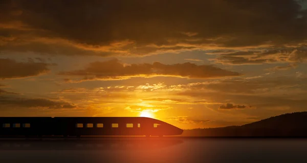 日没時に動きの速い列車のシルエット 高速鉄道プラットフォーム上で現代の旅客列車を移動 商業輸送 — ストック写真