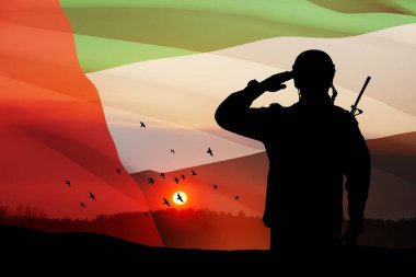 Silhouette of soldier saluting on background of UAE flag and the sunset or the sunrise. Closeup. Concept of national holidays. Commemoration Day.