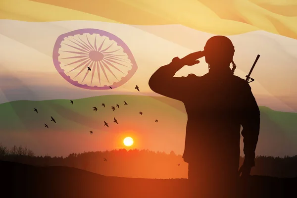 Silhouette Soldier Saluting Background India Flag Sunset Sunrise Greeting Card — Stock Photo, Image