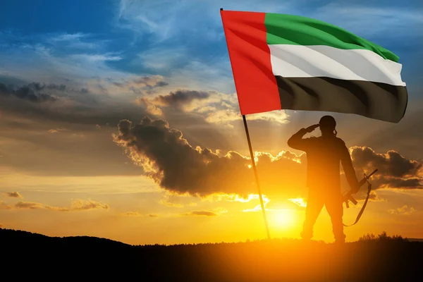 Silhouette Soldier Saluting Flag Uae Sunset Sunrise Concept National Holidays — Stock Photo, Image