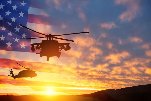 Silhouettes Helicopters Background Sunset Transparent American Flag Greeting Card Veterans — Stock Photo, Image