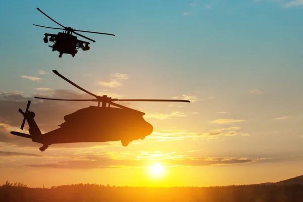 Silhouette Elicotteri Sfondo Tramonto Biglietto Auguri Giorno Dei Veterani Giorno — Foto Stock
