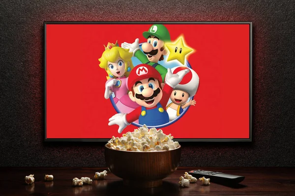 Bildschirm Auf Dem Der Super Mario Bros Movie Trailer Oder — Stockfoto