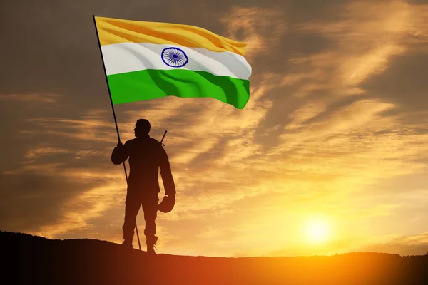 Silhouette Soldier India Flag Background Sunset Sunrise Greeting Card Independence — Stockfoto