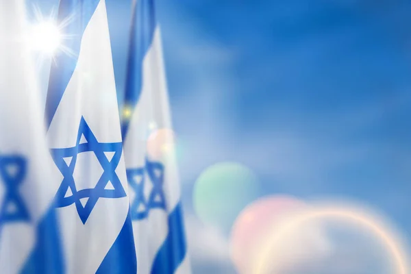 曇った空を背景にダビデの星でイスラエルの旗 国家のシンボルを持つイスラエルについての愛国的な概念 テキストのための場所とバナー — ストック写真