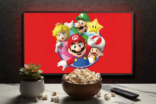 Bildschirm Auf Dem Der Super Mario Bros Movie Trailer Oder — Stockfoto