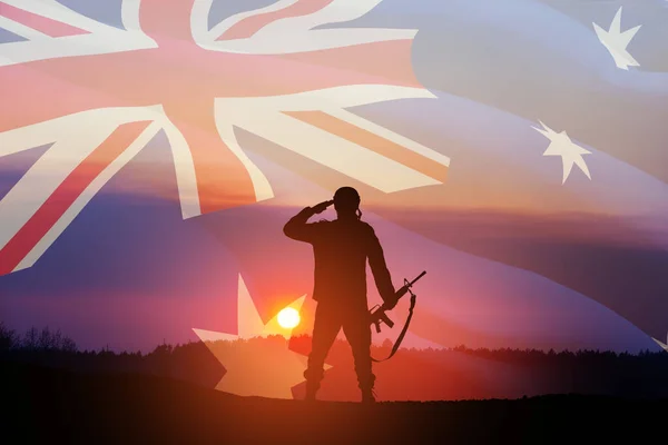Silueta Soldado Saludando Fondo Bandera Australia Puesta Del Sol Fondo —  Fotos de Stock