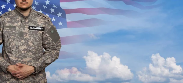 Usa Soldier Uniform Sunset Sky Background Usa Flag Memorial Day — Stok fotoğraf