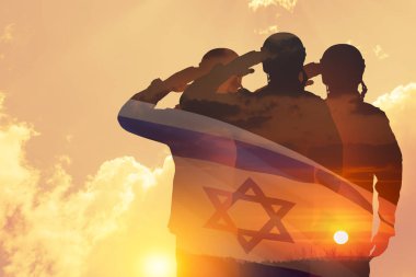Double exposure of Silhouettes of a soliders and the sunset or the sunrise against Israel flag. Concept - armed forces of Israel. clipart