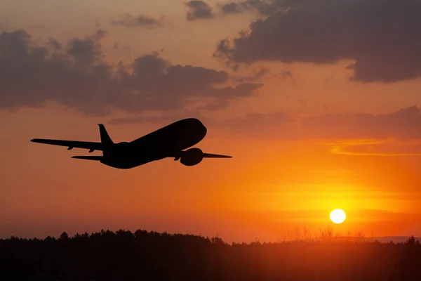 Airplane Taking Sunset Sky Silhouette Aircraft Sky — Stock Photo, Image
