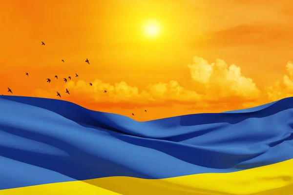 Die Ukrainische Flagge Orangefarbenen Himmel Mit Der Sonne Und Fliegenden — Stockfoto