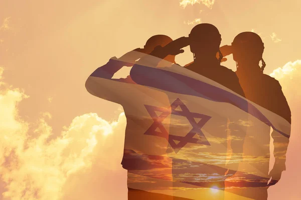 Double Exposure Silhouettes Soliders Sunset Sunrise Israel Flag Concept Armed — Stock Photo, Image