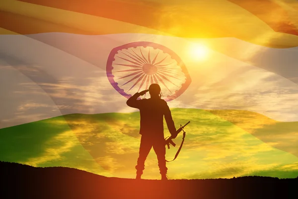 Silhouette Soldier Background India Flag Sunset Sunrise Greeting Card Independence — Stock Photo, Image