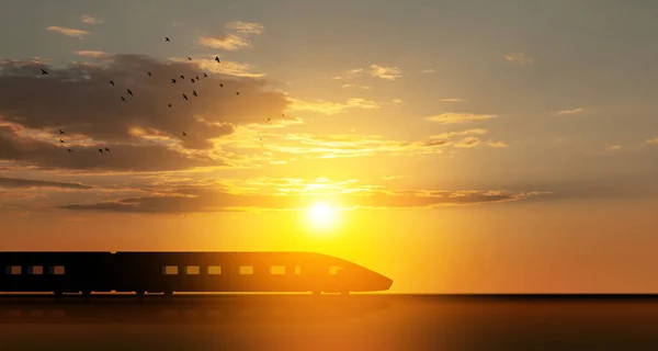 Silueta Vysokorychlostního Vlaku Pohybu Při Západu Slunce Rychle Jedoucí Moderní — Stock fotografie