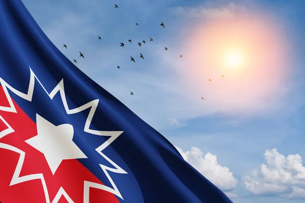 Δέκατη Ιουνίου Σημαία Ιπτάμενα Πουλιά Και Τον Ήλιο Μπλε Συννεφιασμένο — Φωτογραφία Αρχείου