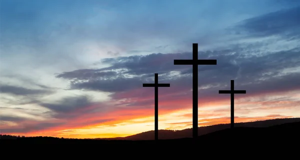 Christian Crosses Hill Outdoors Sunrise Resurrection Jesus Concept Photo — Stock Photo, Image