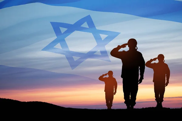 Silueta Soldados Saludando Contra Amanecer Desierto Bandera Israel Concepto Fuerzas — Foto de Stock