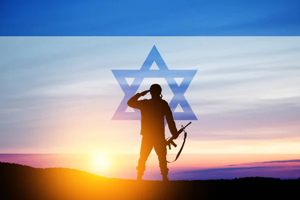 Silhouette Soldier Saluting Sunrise Desert Israel Flag Concept Armed Forces —  Fotos de Stock