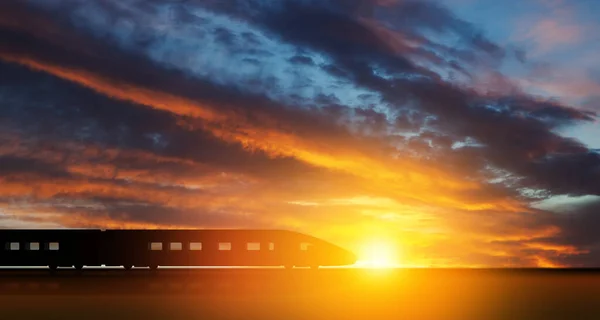 Silhouette Treno Alta Velocità Movimento Tramonto Treno Passeggeri Moderno Rapido — Foto Stock
