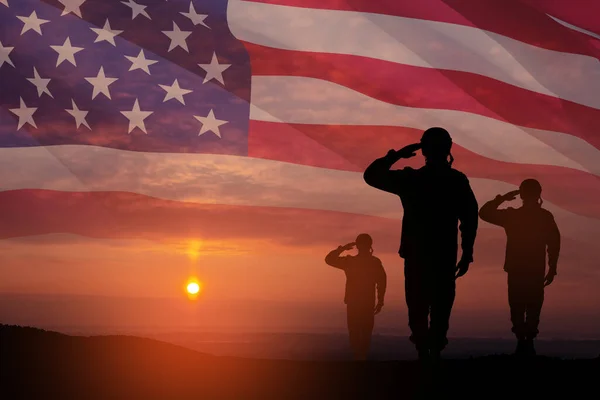 Silhouettes Soldiers Saluting Background Sunset Sunrise Usa Flag Greeting Card — Stock Photo, Image