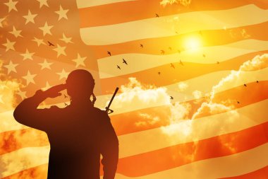 USA army soldier saluting on a background of sunset or sunrise and USA flag. Greeting card for Veterans Day, Memorial Day, Independence Day. America celebration. Closeup. 3D-rendering.