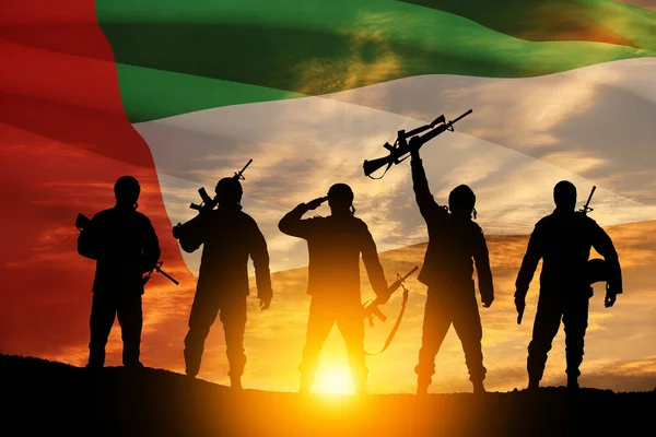 Silhouettes Soldiers Background Uae Flag Sunset Sunrise Concept National Holidays — Stock Fotó