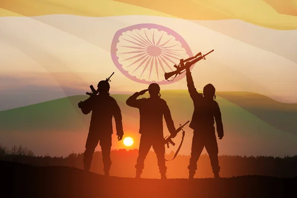 Силуэты Солдат Фоне Индийского Флага Заката Восхода Солнца Открытки День — стоковое фото